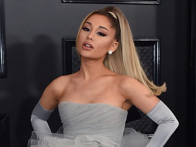 Ariana Grande wears a gray dress at the Grammys