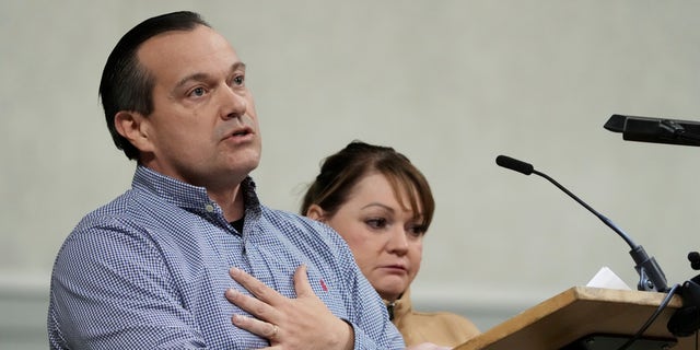 Steve Goncalves talks about his daughter, Kaylee Goncalves, who was one of four University of Idaho students who were killed on Nov. 13, 2022, on Wednesday, Nov. 30, 2022, during a vigil for the four students in Moscow, Idaho. (AP Photo/Ted S. Warren)