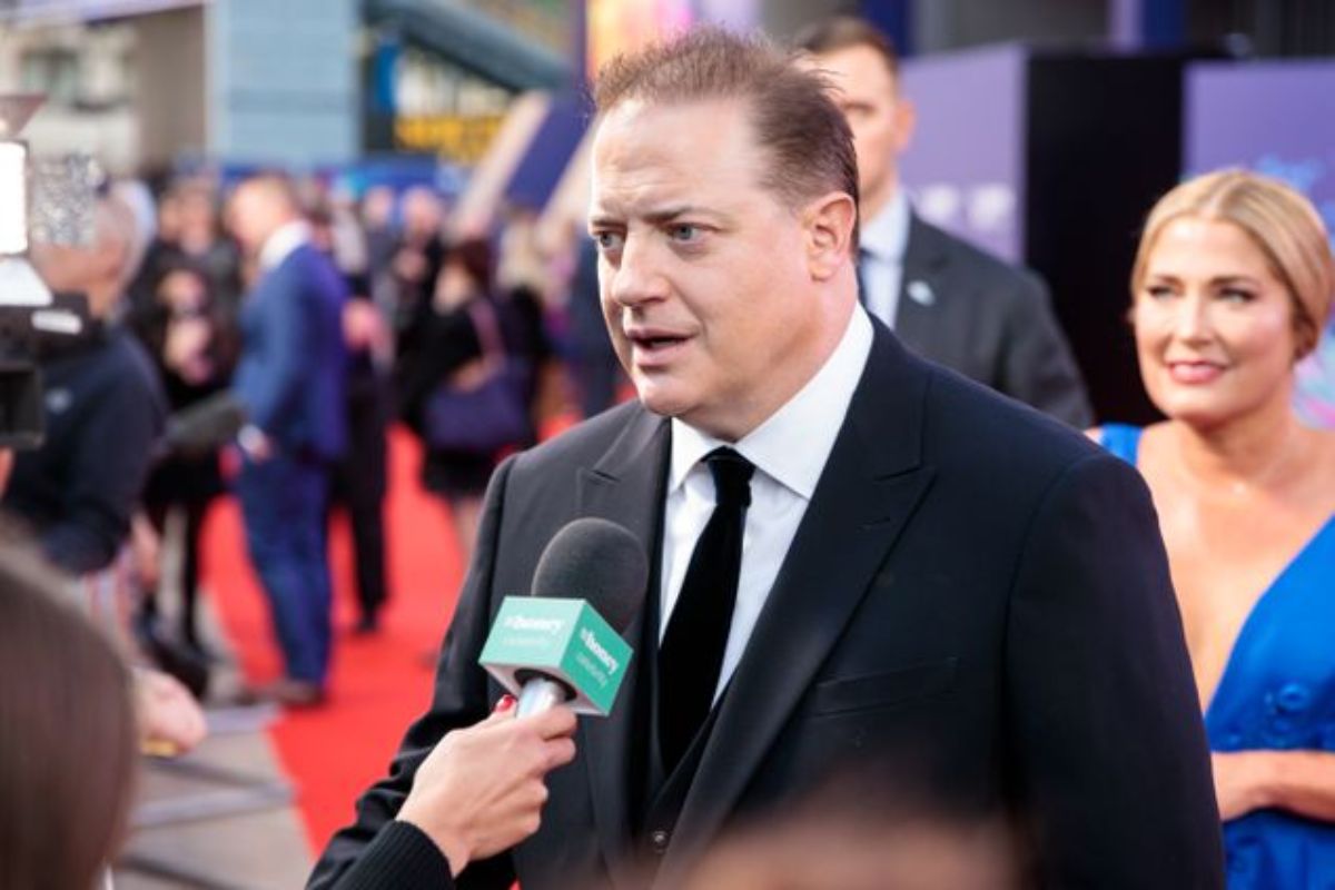 Fraser speaking with 9Honey at the premiere of The Whale in London in 2022. (Colin Hart)